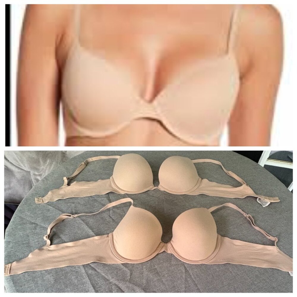 Set 2 pcs Calvin Klein RN 36543 Underwire Bra Beige Nylon T-Shirt Size 34 А